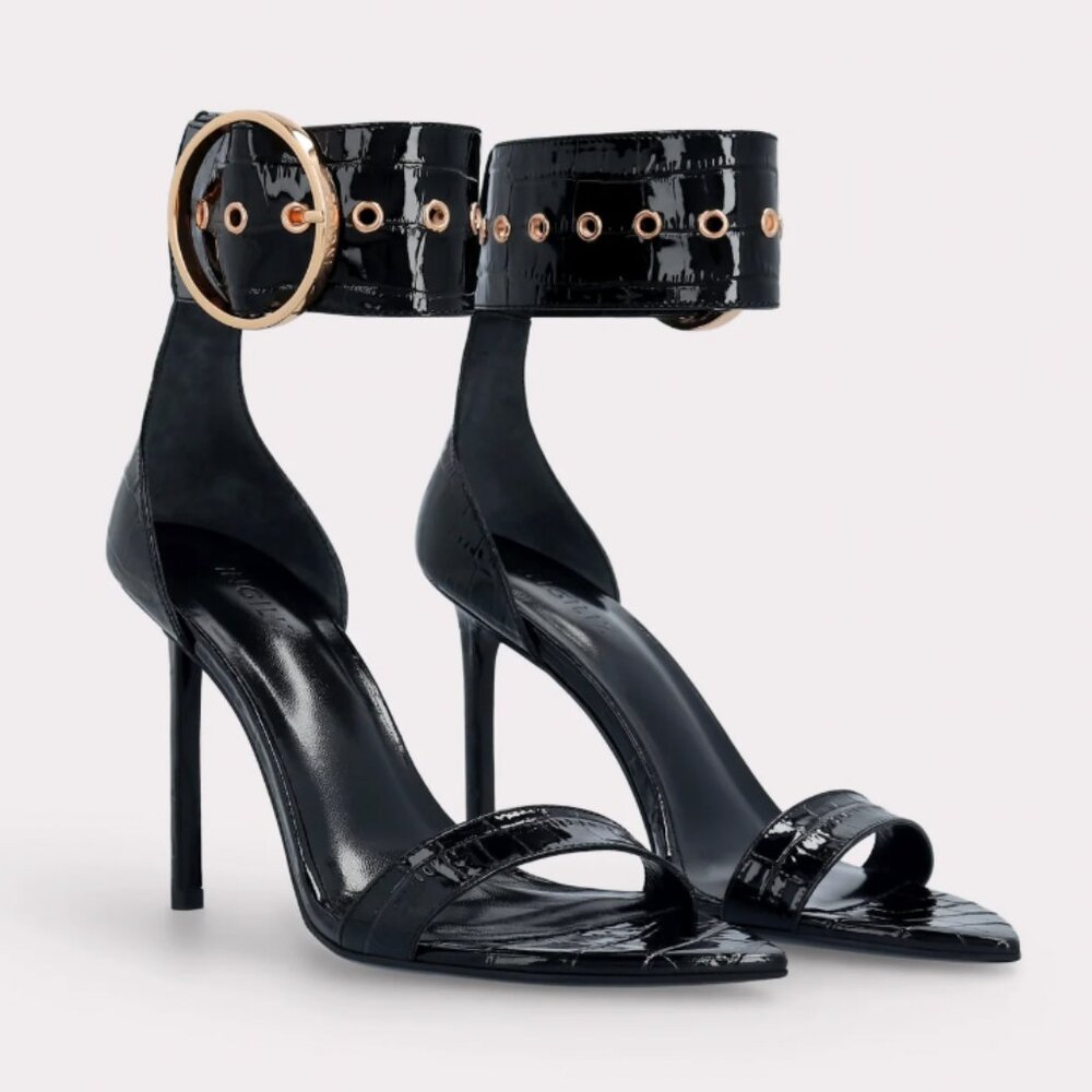 ADELE 01 BLACK PATENT CROCO EMBOSSED LEATHER SANDALS